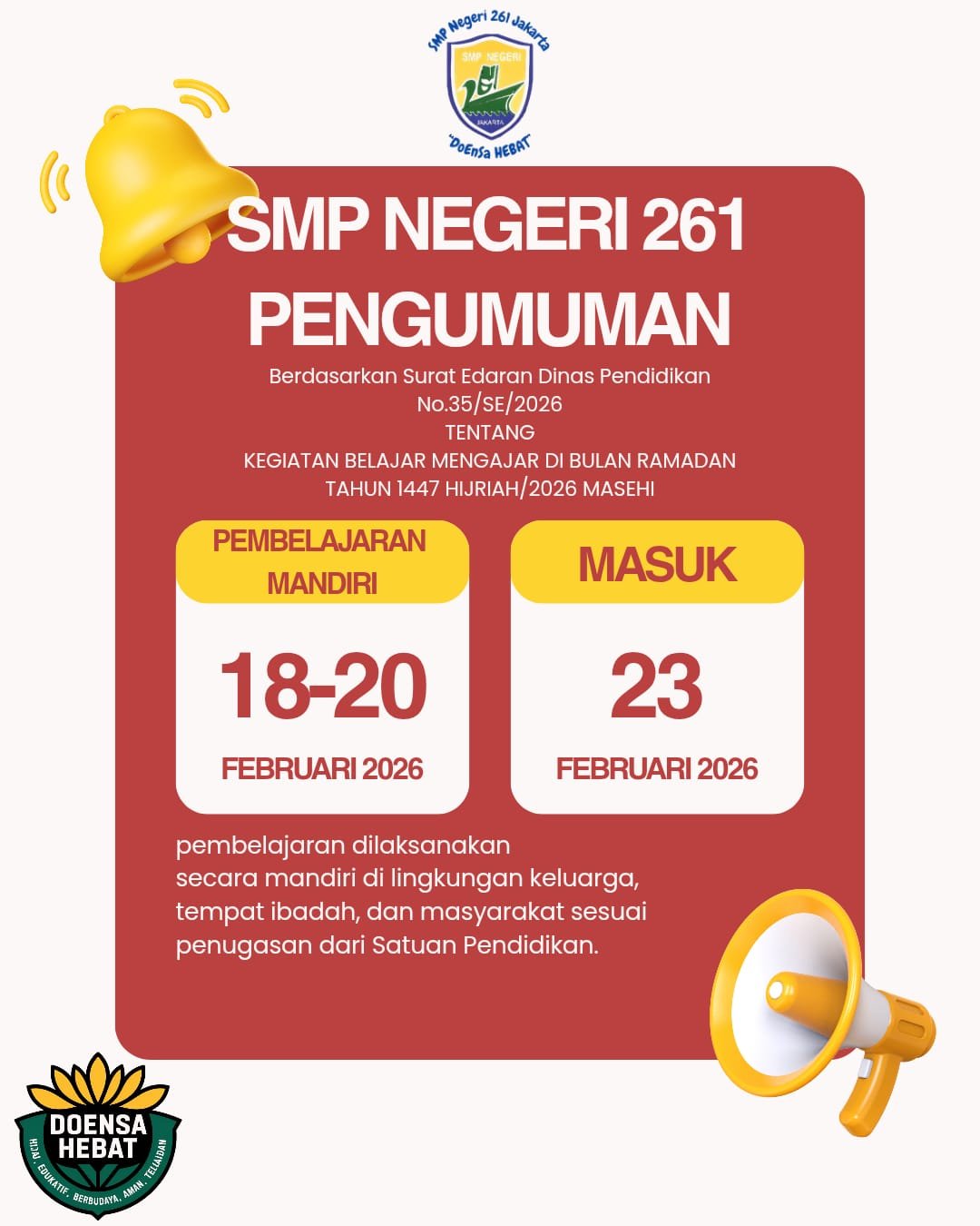 Jadwal Libur dan Kembali Belajar SMPN 261 Jakarta di Bulan Ramadan 1447 H